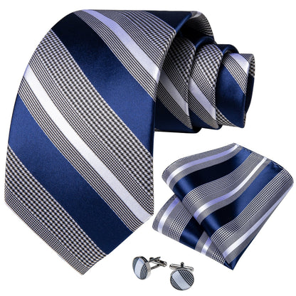 Royal Blue and Gray Striped Tie, Pocket Square and Cufflinks