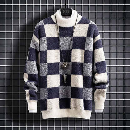 Warm Mens Checked Crew Neck Sweater - BritishElegance