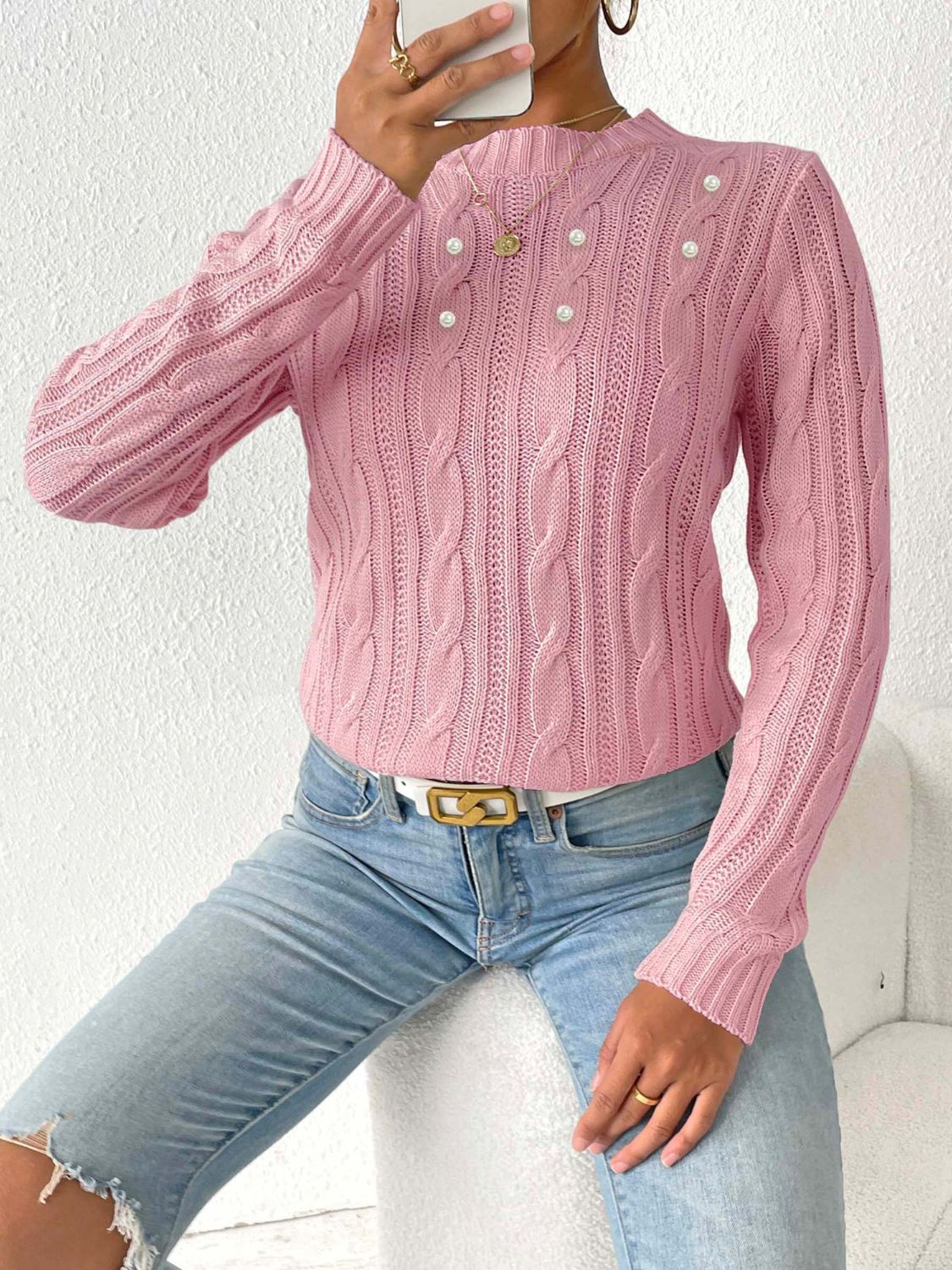 Warm Women's Cable Knit Sweater with Thick Cuffs