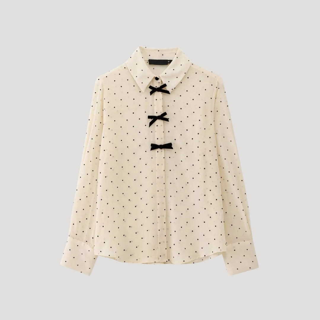 Feminine Spot Ruffle Blouse - Long Sleeve Silk Top - BritishElegance
