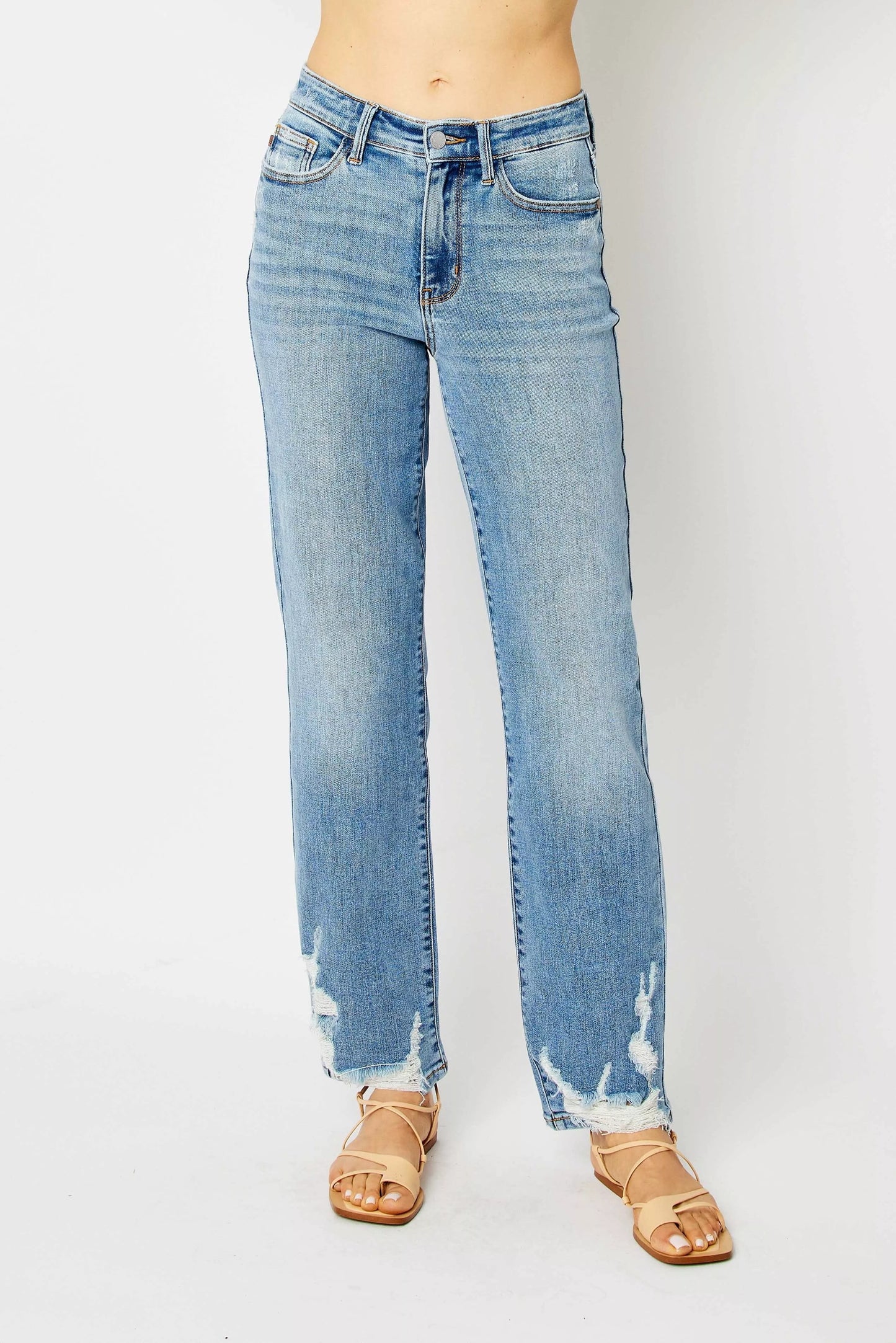 Comfortable Dark Wash High Waisted Straight Leg Jeans Plus Size - BritishElegance