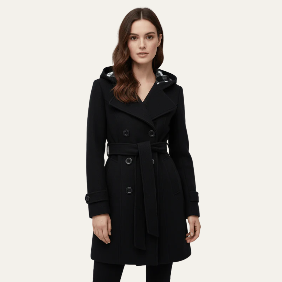 Women’s Belted Double-Breasted Wool Coat with Hood
