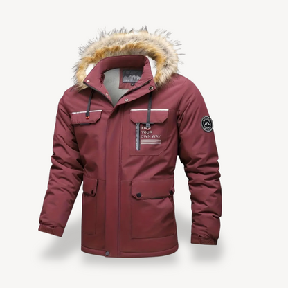 Men's Insulated Puffer Jacket with Detachable Faux Fur Hood