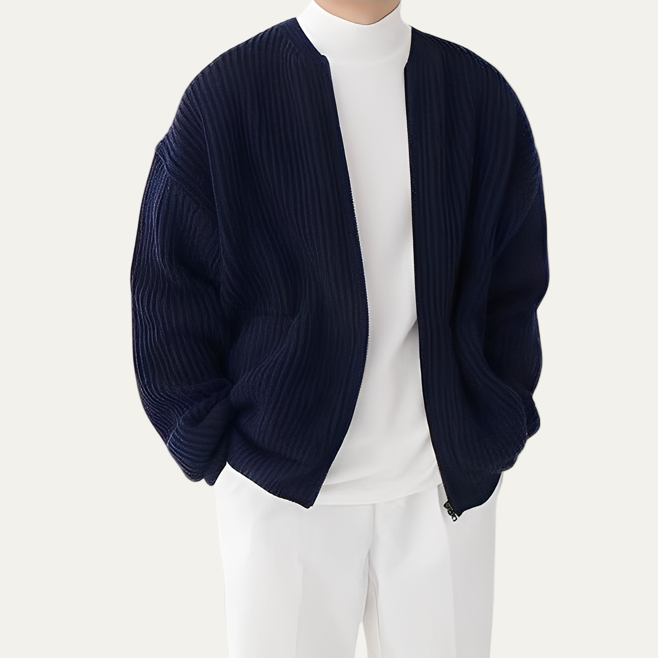 Men’s Oversized Pleated Texture Zip Bomber Jacket