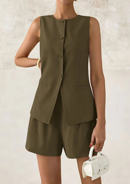 Casual Trendy Button Down Vest Tops High Waisted Shorts Business Two Piece Sets