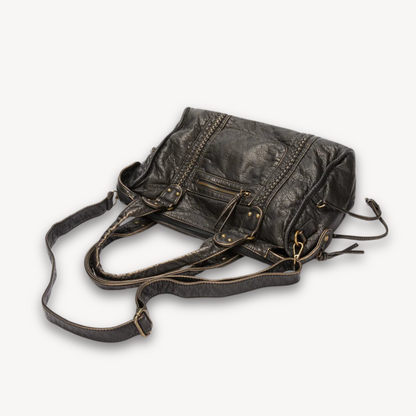Women's Black Leather Handbag - Soft Tote with Zipper Pocket, Adult Casual Shoulder Bag