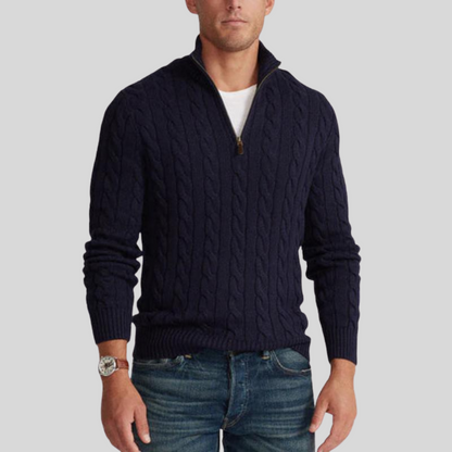 Men’s Cable Knit Mock Neck Quarter Zip Sweater