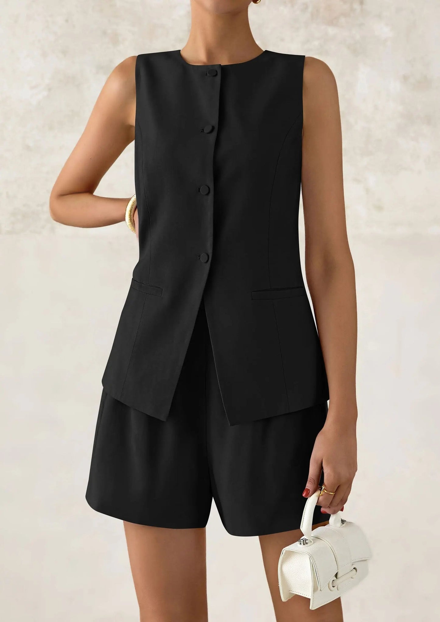 Casual Trendy Button Down Vest Tops High Waisted Shorts Business Two Piece Sets