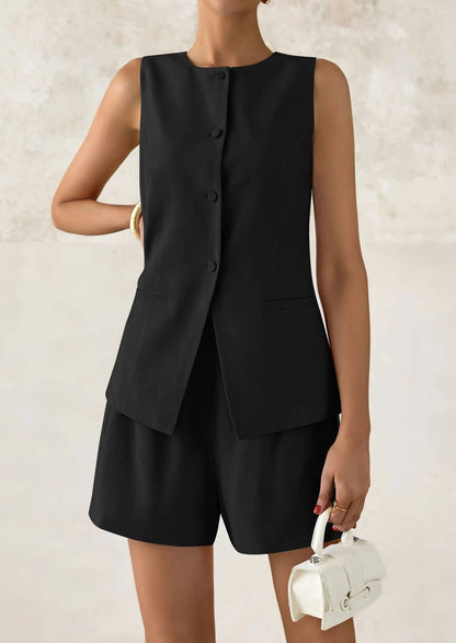Casual Trendy Button Down Vest Tops High Waisted Shorts Business Two Piece Sets