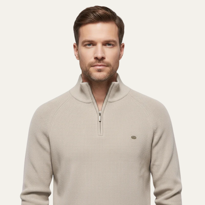 Men’s Ribbed Stand Collar Sweater with Quarter-Zip Closure