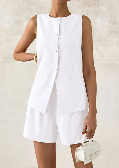 Casual Trendy Button Down Vest Tops High Waisted Shorts Business Two Piece Sets