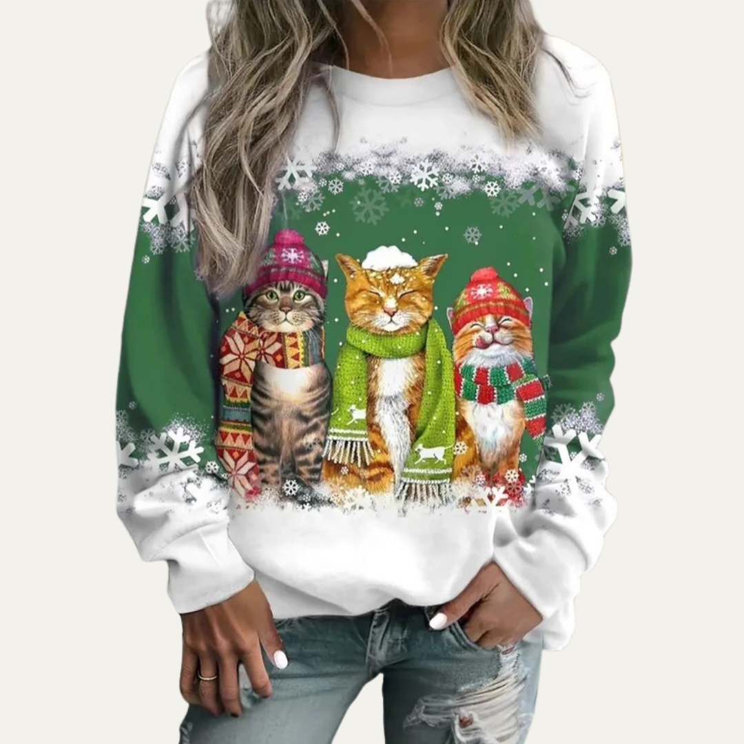 Women’s Winter Cats Printed Crewneck Sweater