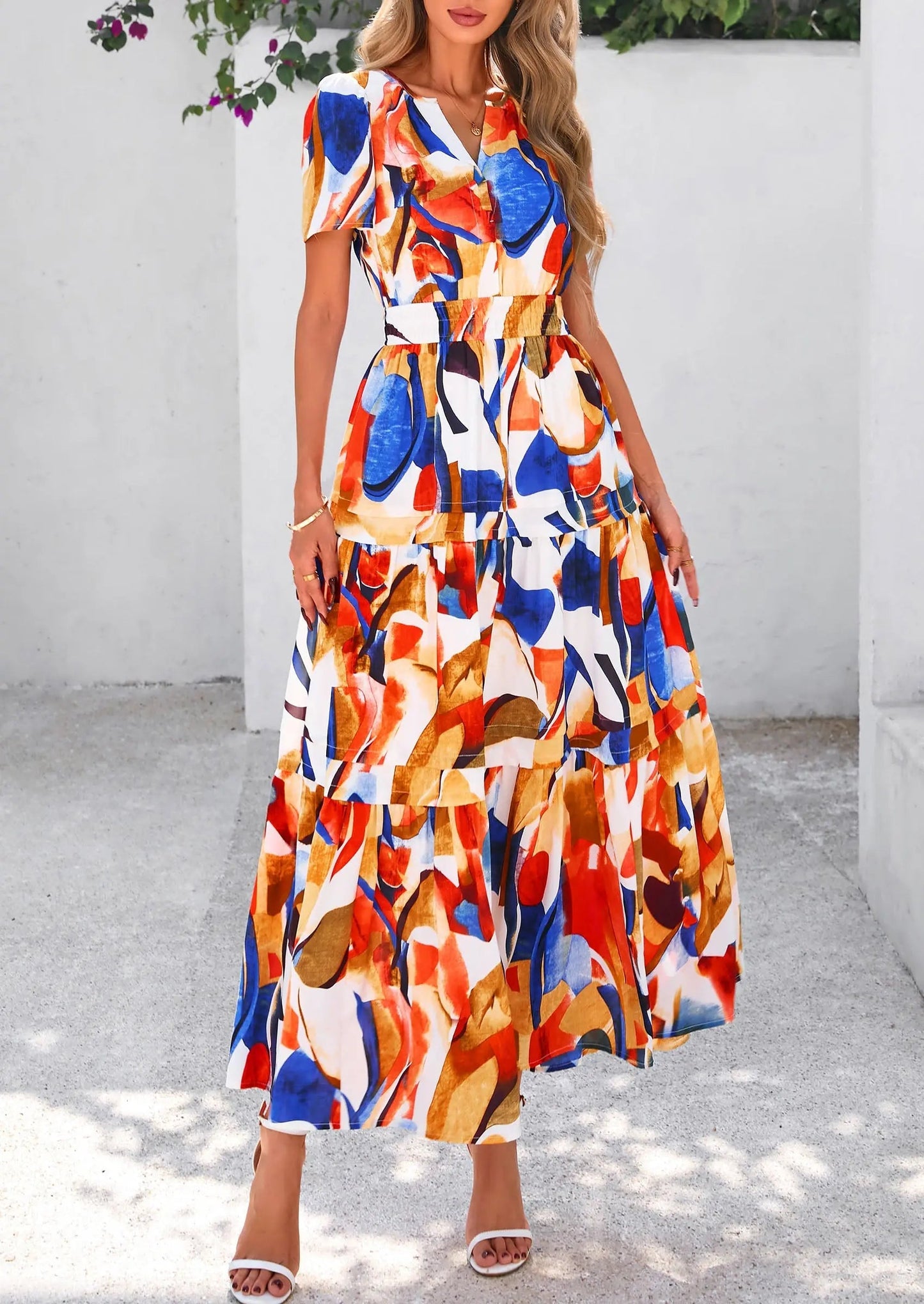 Boho Floral Short Sleeve V Neck A Line Tiered Ruffle Flowy Long Beach Vacation Maxi Dresses