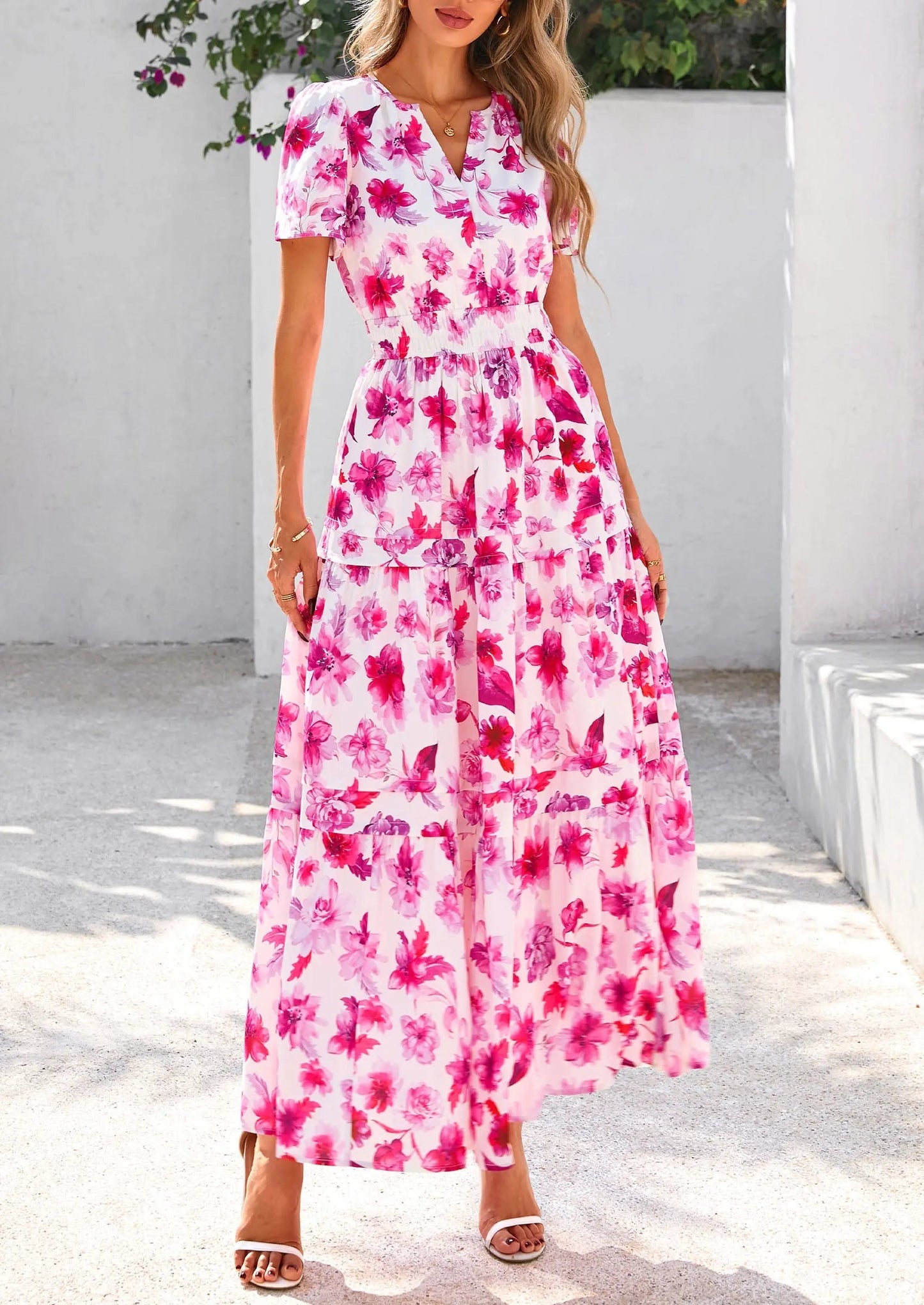 Boho Floral Short Sleeve V Neck A Line Tiered Ruffle Flowy Long Beach Vacation Maxi Dresses