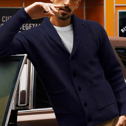 Men’s Shawl Collar Textured Knit Cardigan with Patch Pockets