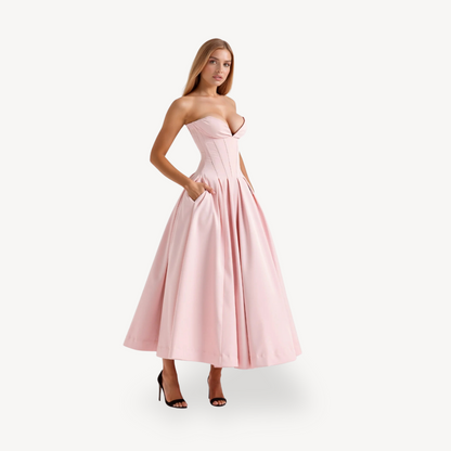 Women's Strapless Corset Pleated Midi Dress