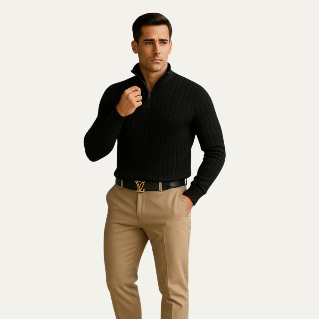 Men’s Mock Neck Quarter Zip Ribbed Sweater