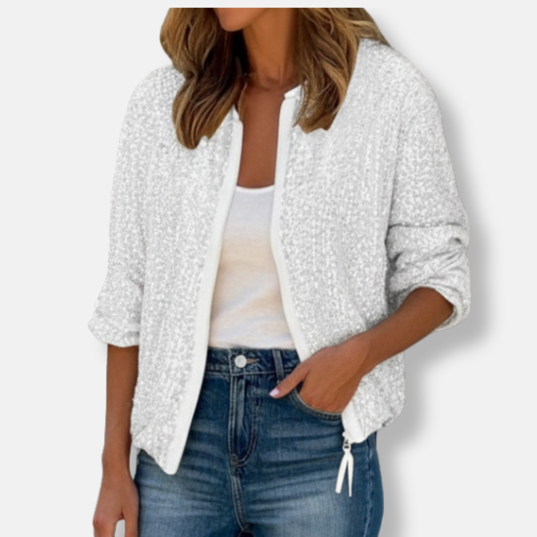 Ivy Cotton Blend Sequin Jacket | Collarless Relaxed Fit Jacket