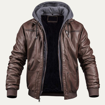 Men’s Hybrid Faux Leather Bomber Jacket with Knit Hood Insert