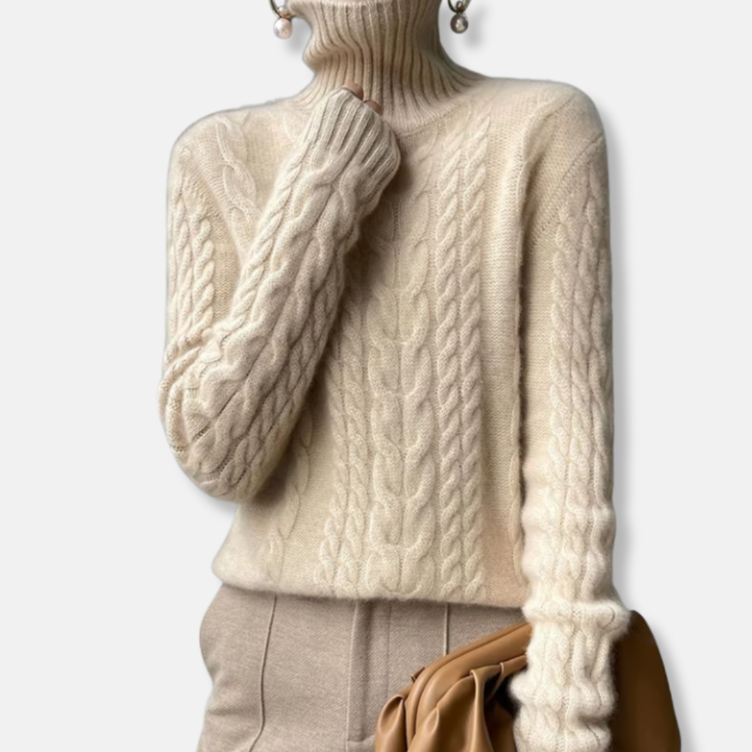 Isla Cable Knit Turtleneck Sweater | Ribbed Collar Long Sleeve Sweater