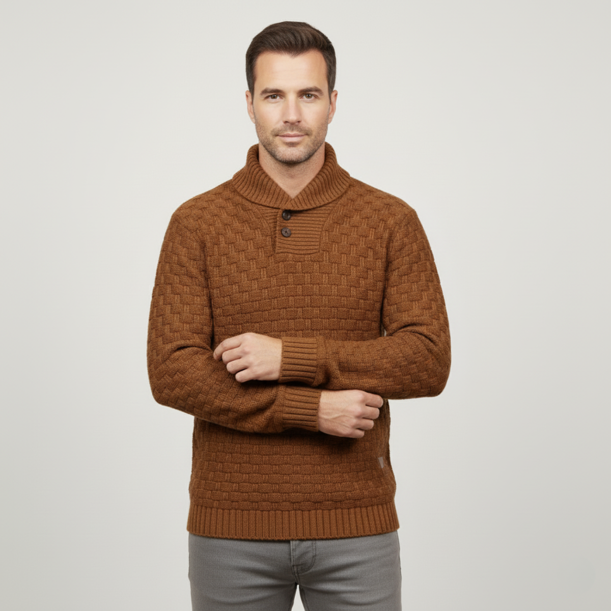 Men’s Textured Basketweave Shawl Collar Knit Sweater