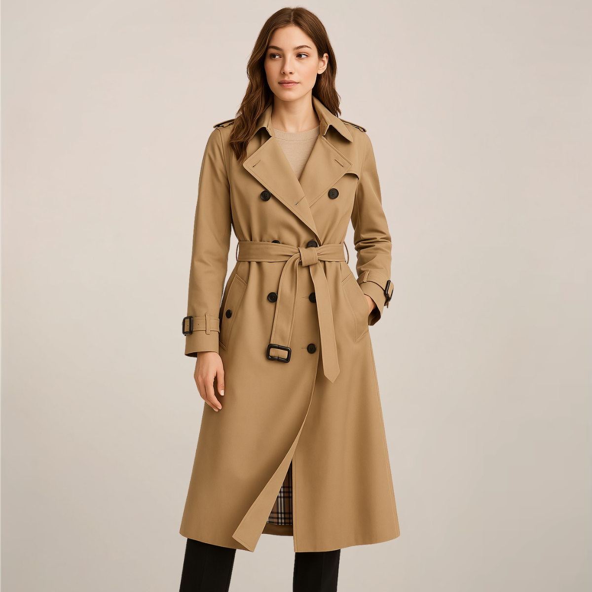 Women’s Classic Belted Trench Coat – Timeless Double-Breasted Design