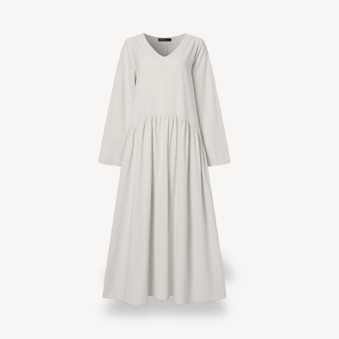 Linen Maxi Dress Women V-Neck Long Sleeve