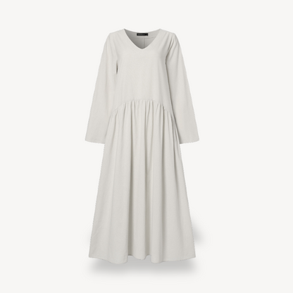 Linen Maxi Dress Women V-Neck Long Sleeve