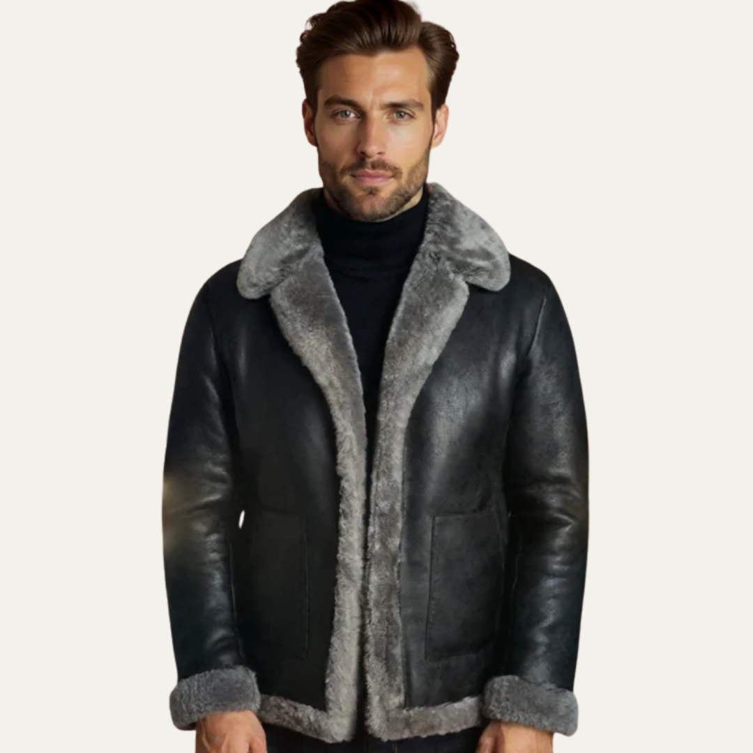 Men’s Shearling Trim Aviator Leather Jacket