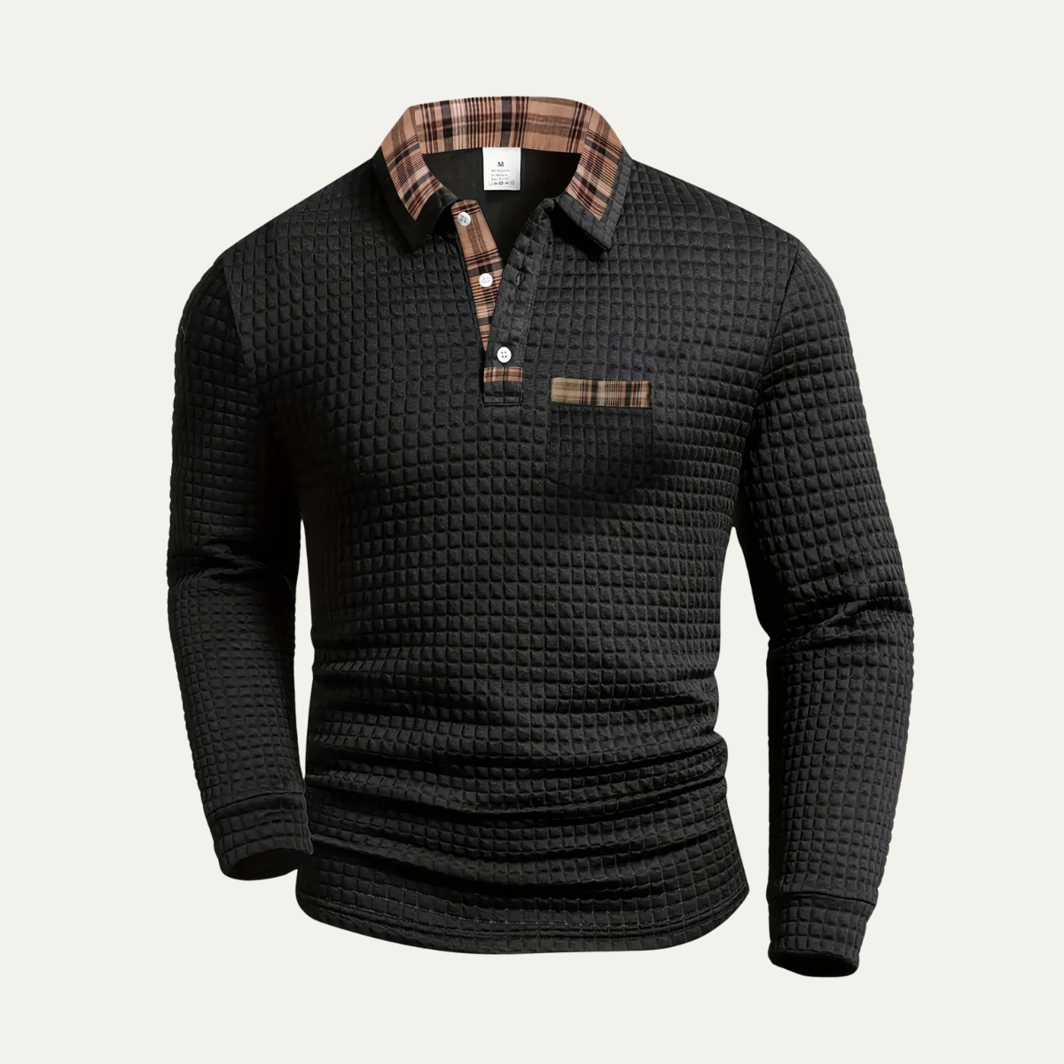 Men’s Textured Long Sleeve Polo with Plaid Collar