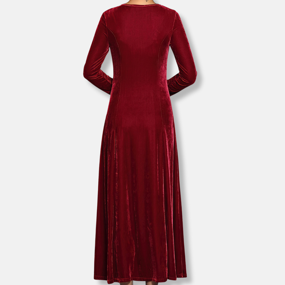 Olivia A-Line Maxi Dress | Solid Crewneck Long Sleeve Dress