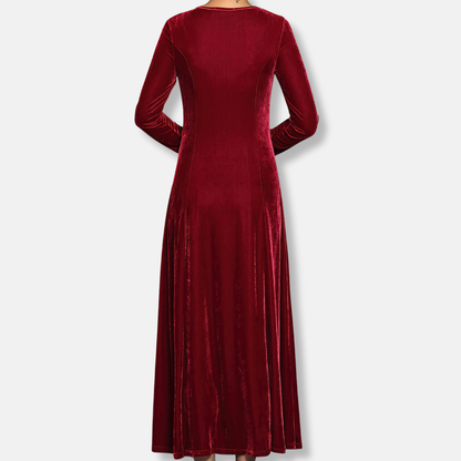 Olivia A-Line Maxi Dress | Solid Crewneck Long Sleeve Dress