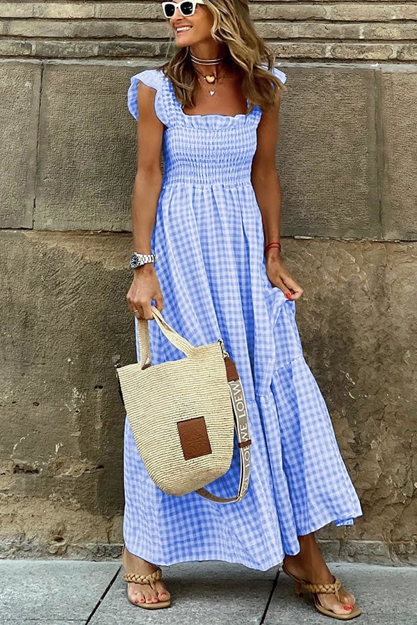 Women's Elegant Printed Long Dress with Classic Plaid Design