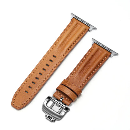 Stylish Leather Apple Watch Band With Silver Clasp