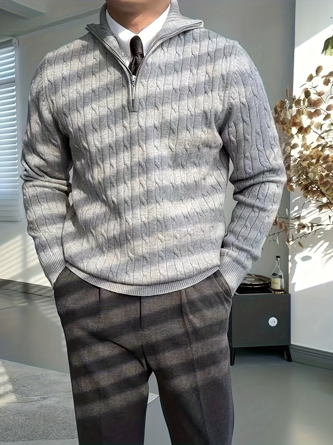 Cozy Men's Winter Knit Sweater with Zip Neck