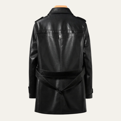 The Baveno Men's Black Smart Business Leather Trench Coat