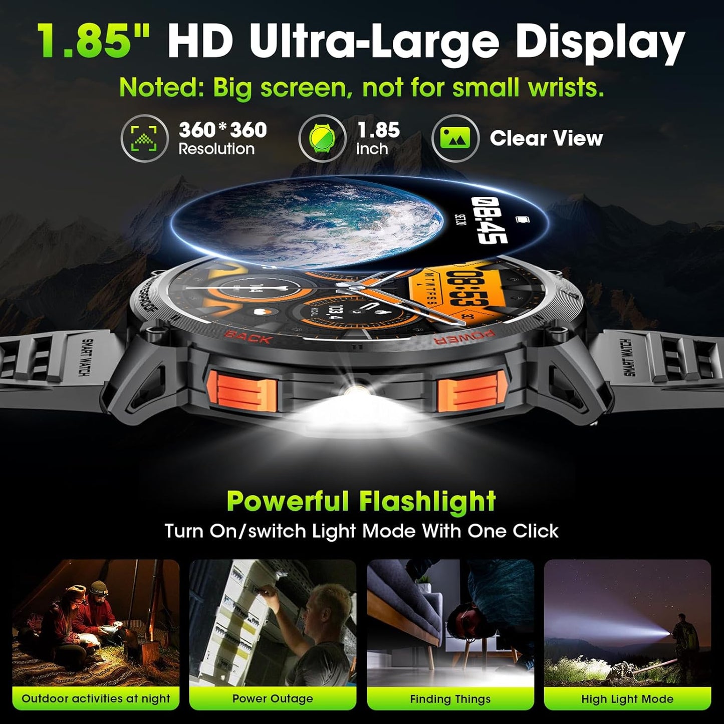 Military Smart Watch for Men with 1.85' HD Screen and Flashlight