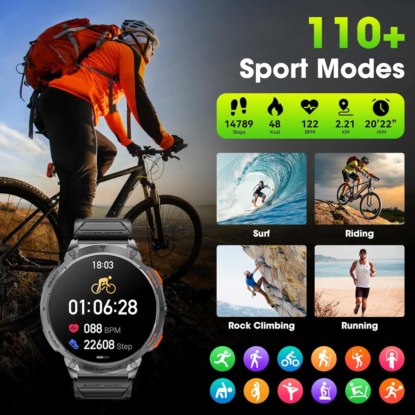 Military Smart Watch for Men with 1.85' HD Screen and Flashlight