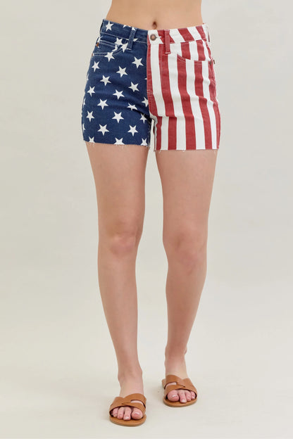 Classic American Flag High Waisted Distressed Denim Shorts - BritishElegance