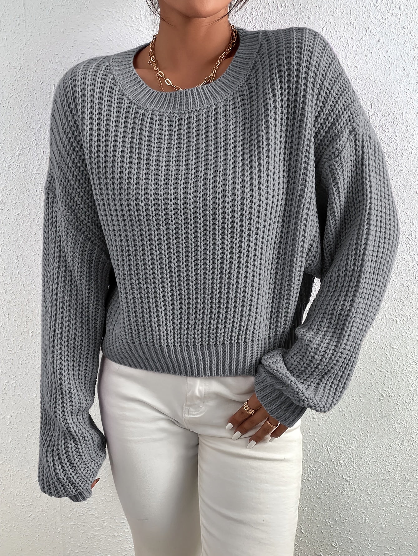 Classic Crew Neck Ribbed Knit Sweater for Women