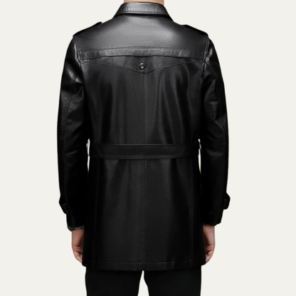 The Baveno Men's Black Smart Business Leather Trench Coat