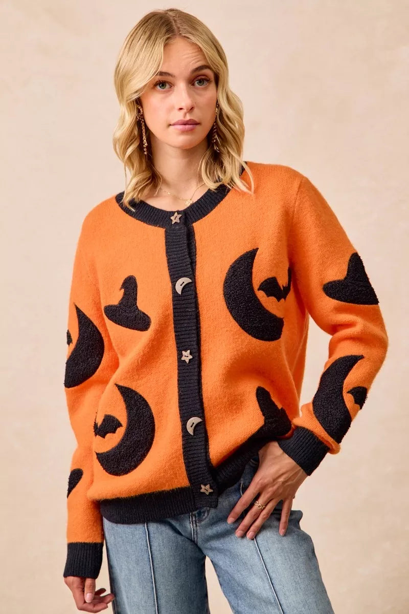 Spooky Witch Hat & Bat Pattern Sweater - BritishElegance
