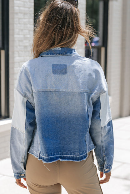 Stylish denim jacket with patchwork and frayed hem - Women
