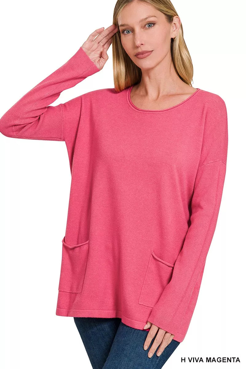 Soft Viscose Crew Neck Pocket Sweater - BritishElegance
