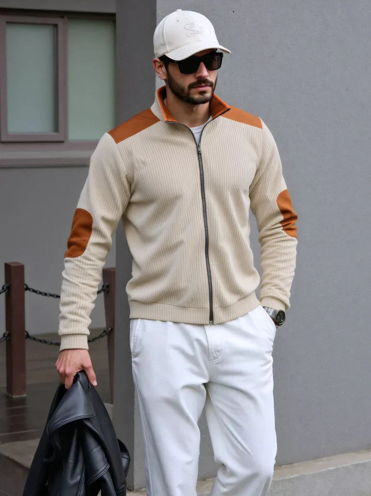 Stylish Men's Zip Cardigan with Shoulder Patches - BritishElegance