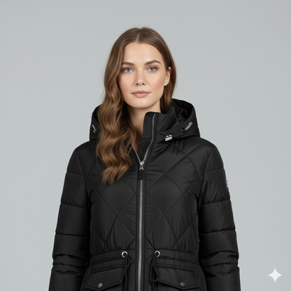 Violi | Padded Jacket - Quilted Hooded Knee-Length Winter Coat for Women