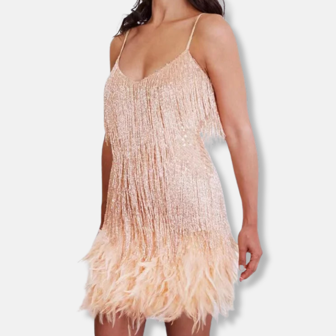 Isla Sequined Straight Fit Mini Dress | Feather Trim Fringe Mini Dress