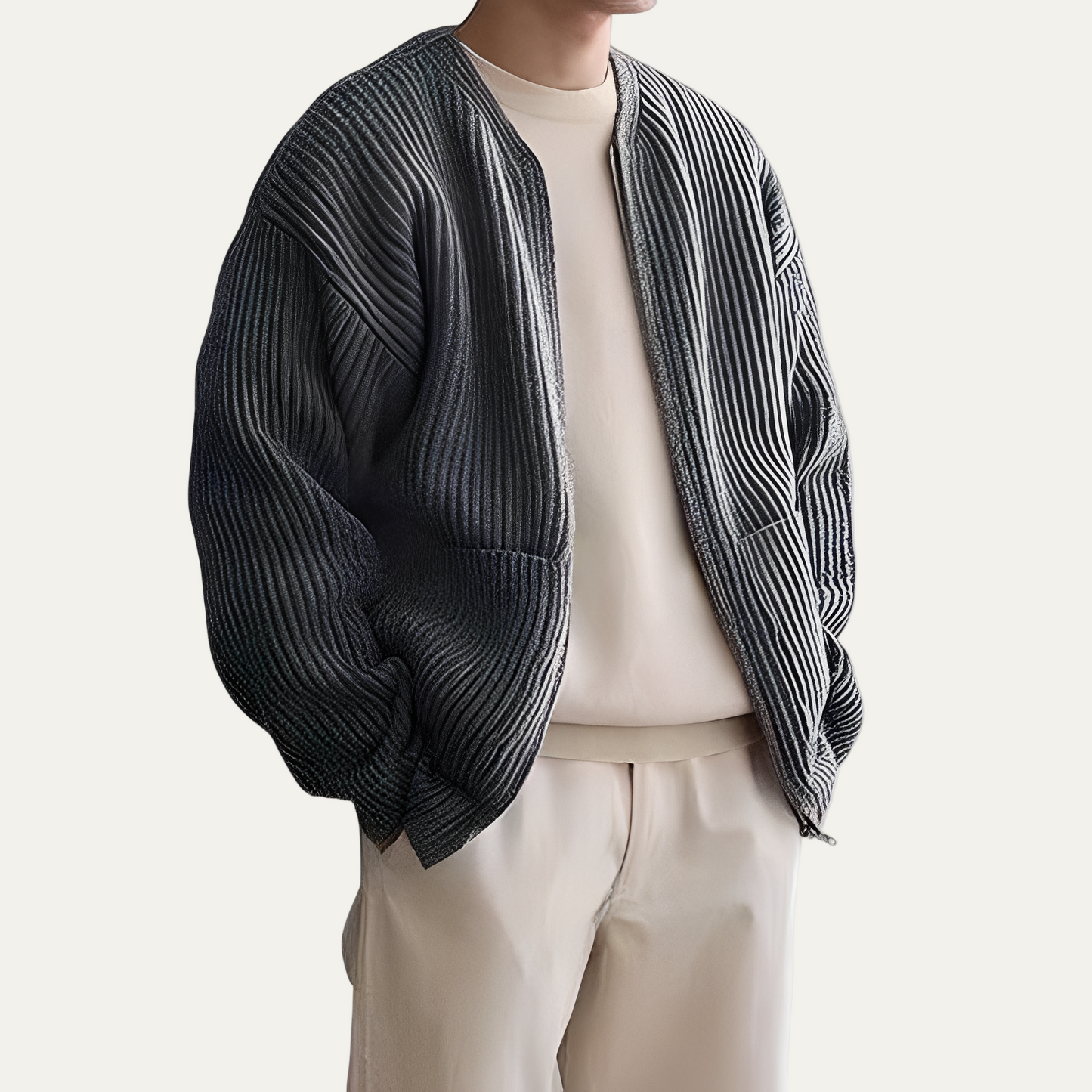 Men’s Oversized Pleated Texture Zip Bomber Jacket