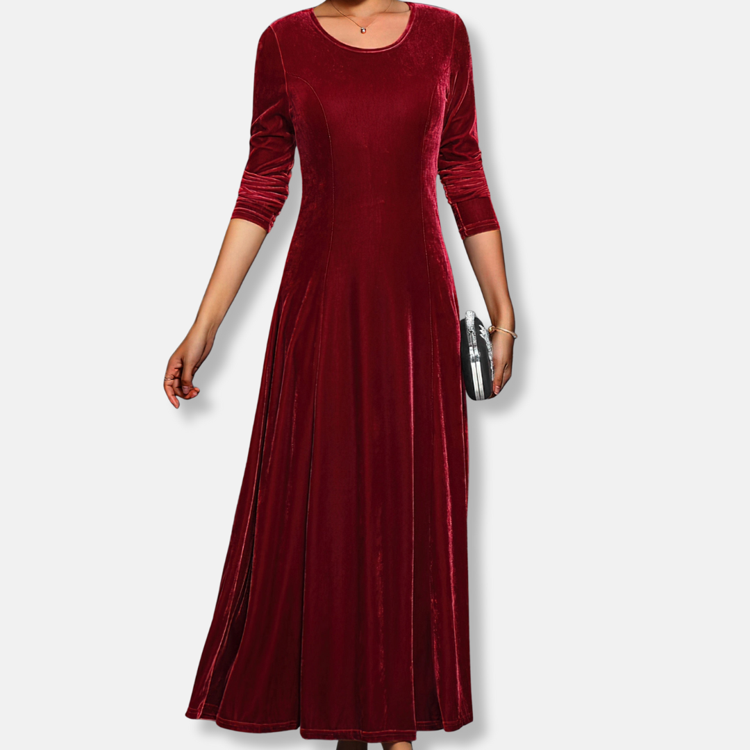 Olivia A-Line Maxi Dress | Solid Crewneck Long Sleeve Dress