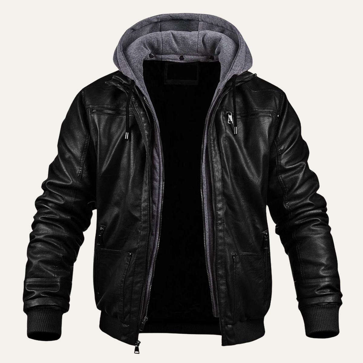Men’s Hybrid Faux Leather Bomber Jacket with Knit Hood Insert